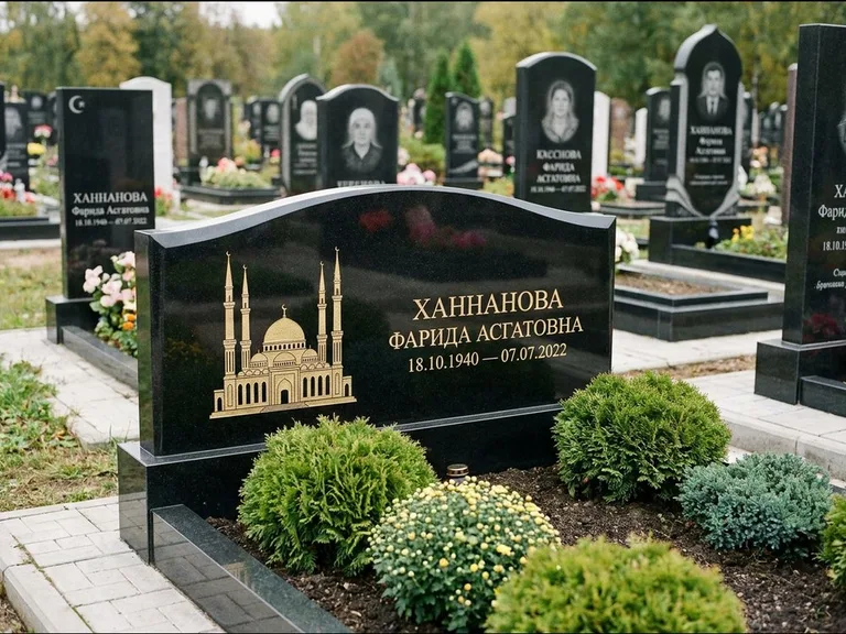Мусульманский памятник с гравировкой мечети: вытянутая горизонтальная семейная стела с аркой — белая гравировка силуэта мечети с минаретами, участок с декоративными кустами, работа «Гарипова» в Томске