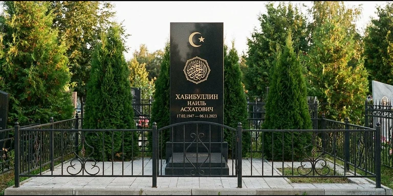 Гравировка на мусульманском памятнике в Томске — стела из чёрного гранита, оформление по канонам ислама