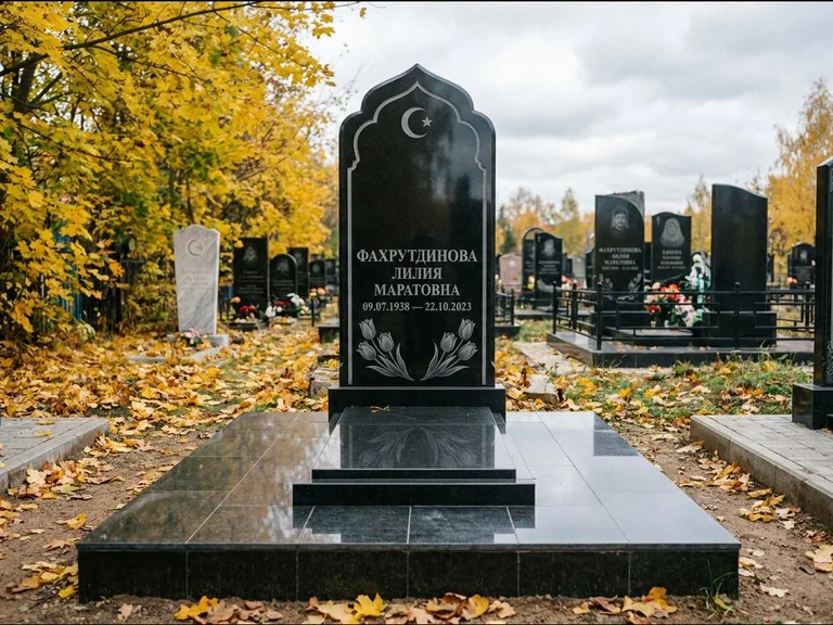 Мусульманский памятник: стела с михраб-навершием в форме арки — гравировка минарета с полумесяцем, гранитный цоколь с тёмной плиткой, работа «Фахрутдинова» в Томске
