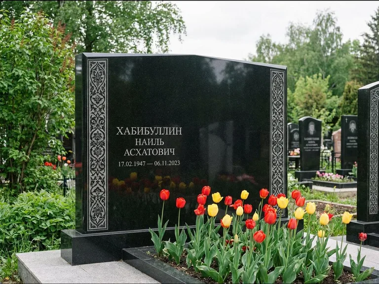 Мусульманский памятник: широкая двойная семейная стела — золочёная гравировка мечети, цветник с тюльпанами, работа «Хабибуллин» в Томске