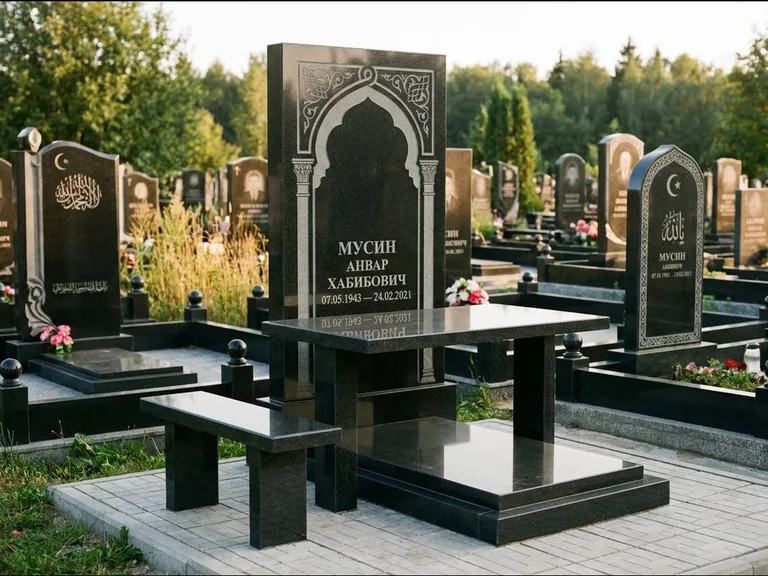 Мусульманский памятник: стела с гранитным столиком и скамьёй — гравировка мечети под полумесяцем и звёздами, семейный участок с плиткой, работа «Гимаев» в Томске