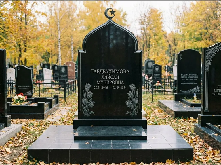 Мусульманский памятник: массивная стела с михраб-навершием — белая гравировка силуэта мечети с минаретами, цоколь тёмной плиткой, работа «Магомедова» в Томске