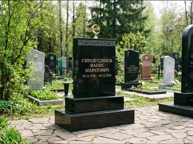 Мусульманский памятник: ступенчатая трёхуровневая стела — золочёная гравировка мечети, дорожка из природного плитняка, работа «Мустафин» в Томске