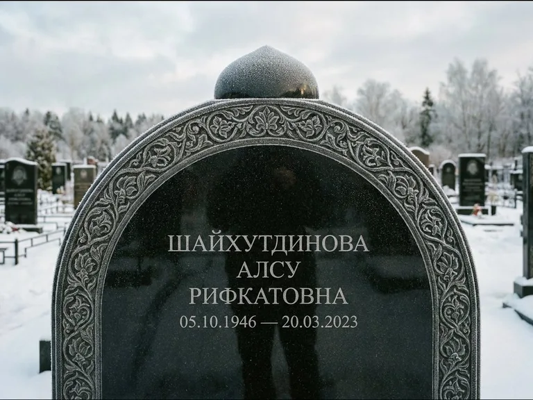Мусульманский памятник: полукруглая стела с купольным навершием — гравировка мечети под полумесяцем и звёздами, заснеженный зимний участок, работа «Ганиева» в Томске