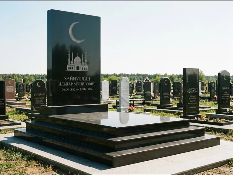 Мусульманский памятник: массивная стела на ступенчатом постаменте — гравировка мечети под полумесяцем и звёздами, гранитная площадка без ограды, работа «Хабибуллин» в Томске