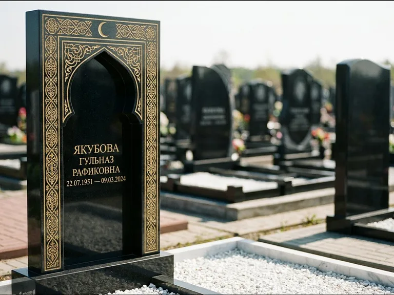 Мусульманский памятник: стела в форме михраба с глубокой нишей и золочёным орнаментом — детализированная гравировка мечети Кул-Шариф, участок с белой мраморной крошкой, работа «Мустафин» в Томске