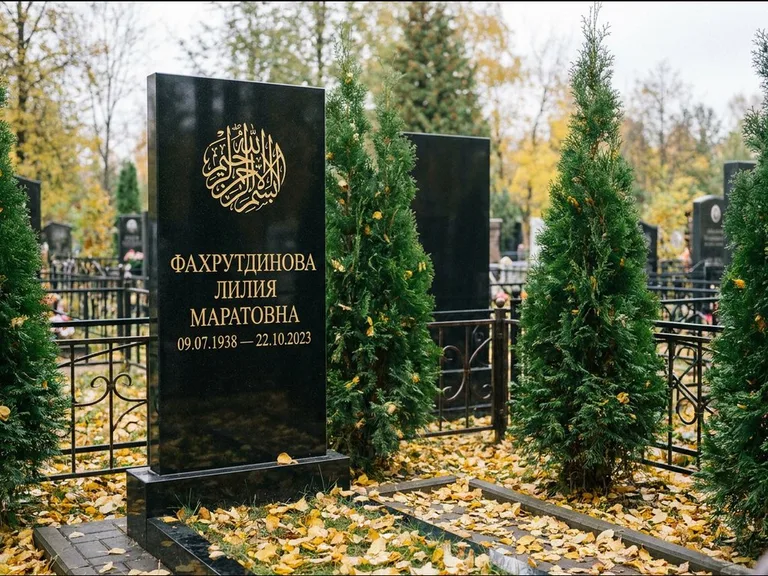 Мусульманский памятник — шахада в верхней части стелы, работа «Фахрутдинова» в Томске
