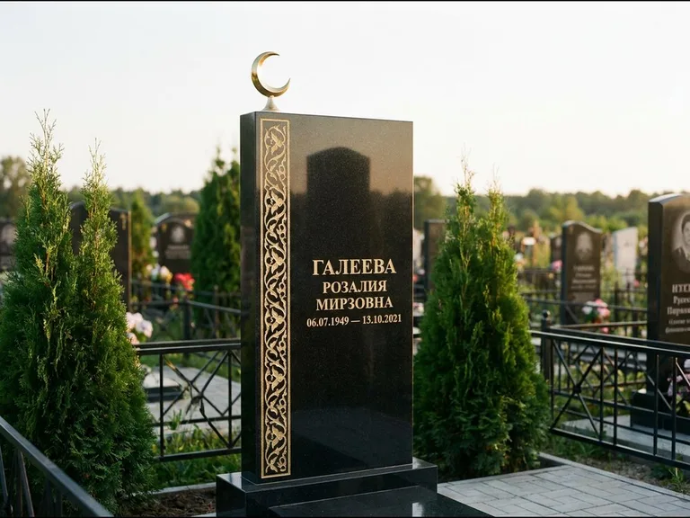 Памятник с гравировкой полумесяца — золочёный полумесяц и колонна растительного орнамента-ислими, работа «Галеева» в Томске