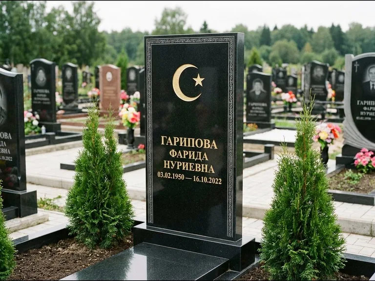 Памятник с гравировкой полумесяца — гравировка полумесяца, работа «Гарипова» в Томске