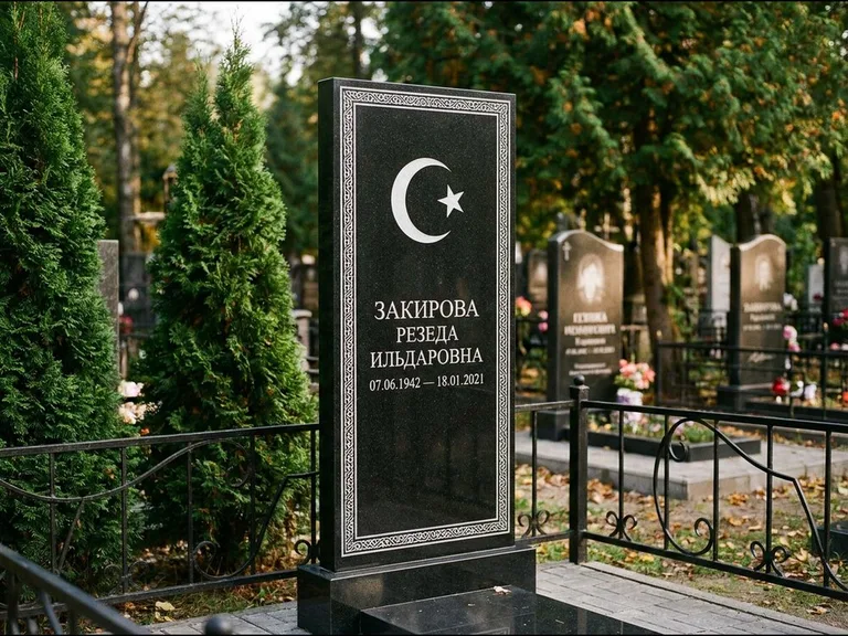 Памятник с гравировкой полумесяца — строгая белая гравировка полумесяца со звездой и орнаменталь, работа «Закирова» в Томске