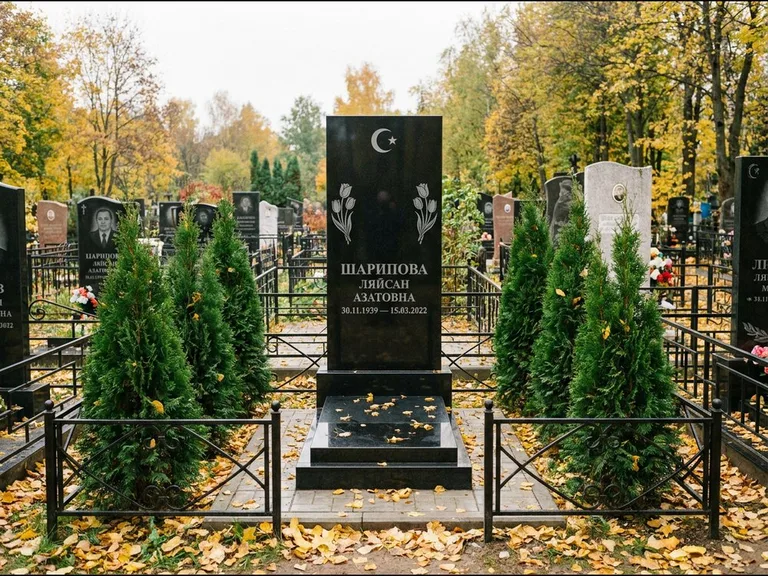 Памятник с гравировкой полумесяца — гравировка полумесяца со звездой и тюльпанами по бокам, работа «Шарипова» в Томске