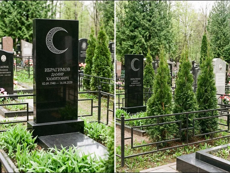 Памятник с гравировкой полумесяца — гравировка полумесяца в геометрическом орнаменте-гирихе, работа «Ибрагимов» в Томске