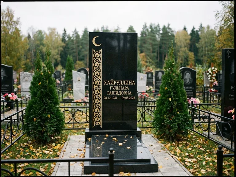 Памятник с гравировкой полумесяца — золочёный полумесяц и колонна растительного орнамента-ислими, работа «Хайруллина» в Томске