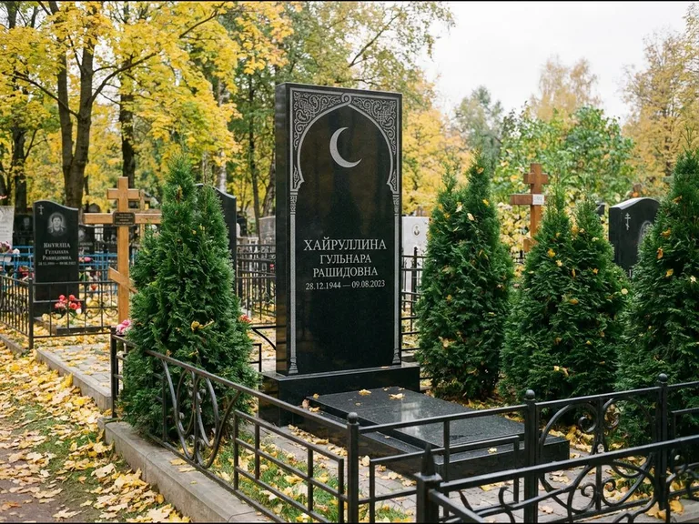 Памятник с гравировкой полумесяца — гравировка полумесяца в восточной арке с орнаментом, работа «Хайруллина» в Томске