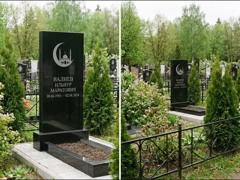 Памятник с гравировкой полумесяца — гравировка полумесяца над силуэтом мечети, работа «Валиев» в Томске