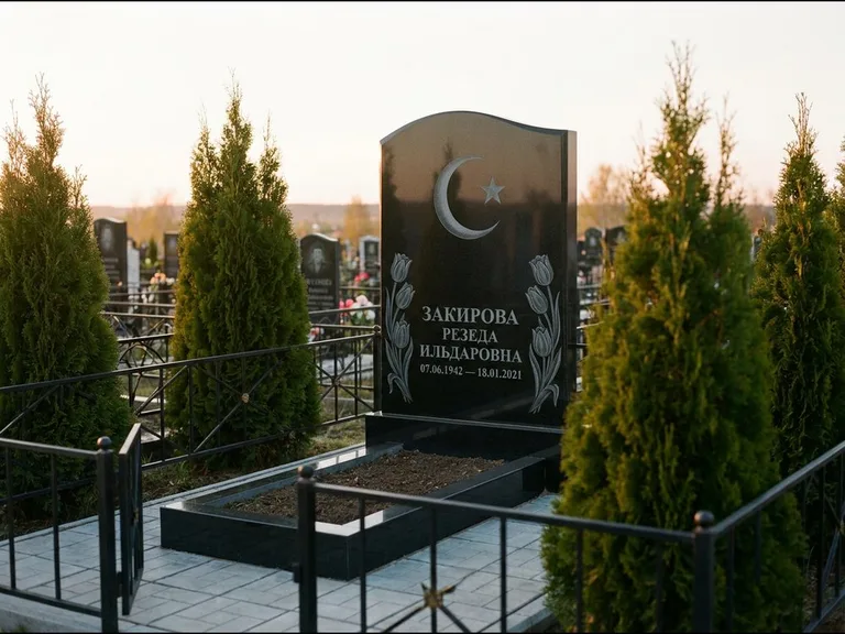 Памятник с гравировкой полумесяца — гравировка полумесяца со звездой и тюльпанами по бокам, работа «Закирова» в Томске