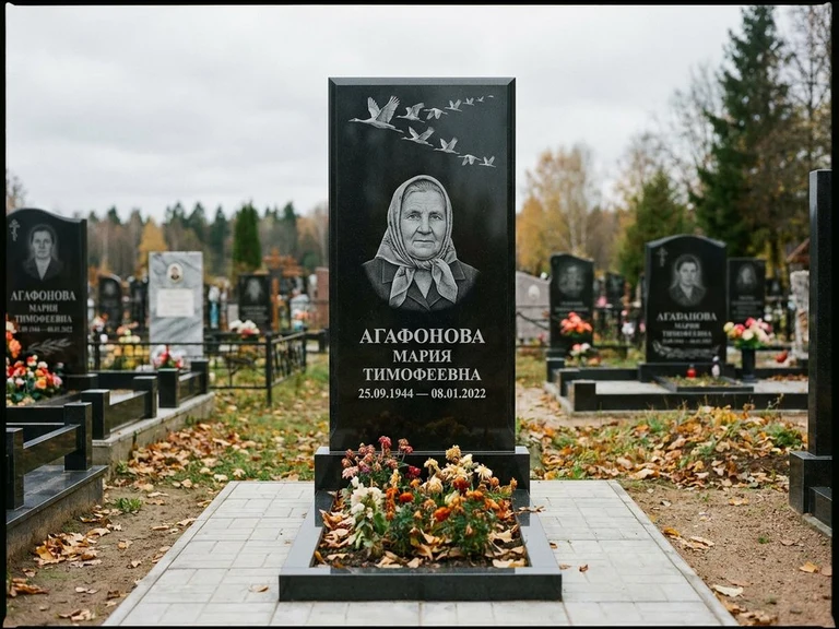 Гравировка журавлей на памятник в Томске — памятник из чёрного гранита с гравировкой