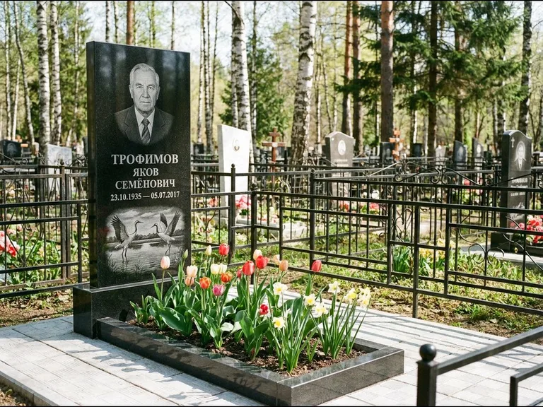 Памятник с гравировкой журавлей — гравировка пары журавлей над гладью озера в нижней части, работа «Трофимов» в Томске