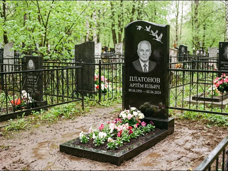 Памятник с гравировкой журавлей — белая гравировка клина журавлей, уходящего в верхний угол ст, работа «Платонов» в Томске