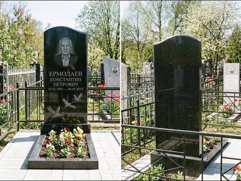 Памятник с гравировкой журавлей — гравировка трёх журавлей по диагонали через свободное поле с, работа «Ермолаев» в Томске