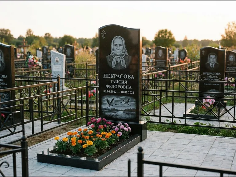 Памятник с гравировкой журавлей — гравировка пары журавлей над гладью озера в нижней части, работа «Некрасова» в Томске