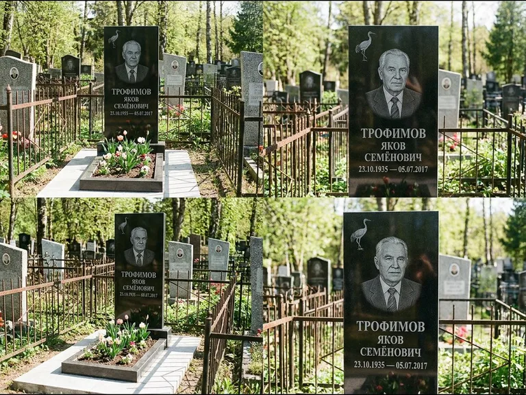 Памятник с гравировкой журавлей — гравировка одиночного летящего журавля над портретом, работа «Трофимов» в Томске