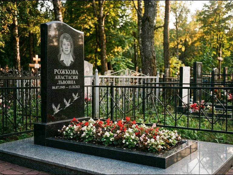 Памятник с гравировкой журавлей — гравировка трёх журавлей по диагонали через свободное поле с, работа «Рожкова» в Томске