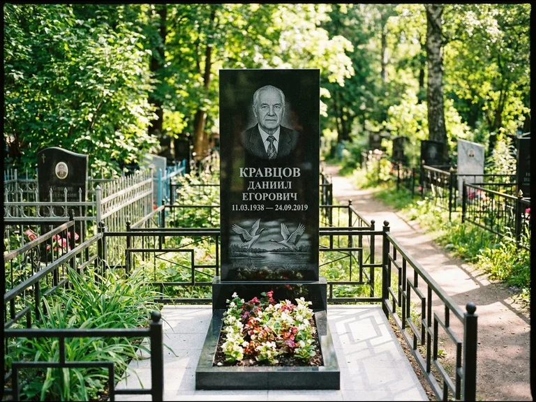 Памятник с гравировкой журавлей — гравировка пары журавлей над гладью озера в нижней части, работа «Кравцов» в Томске