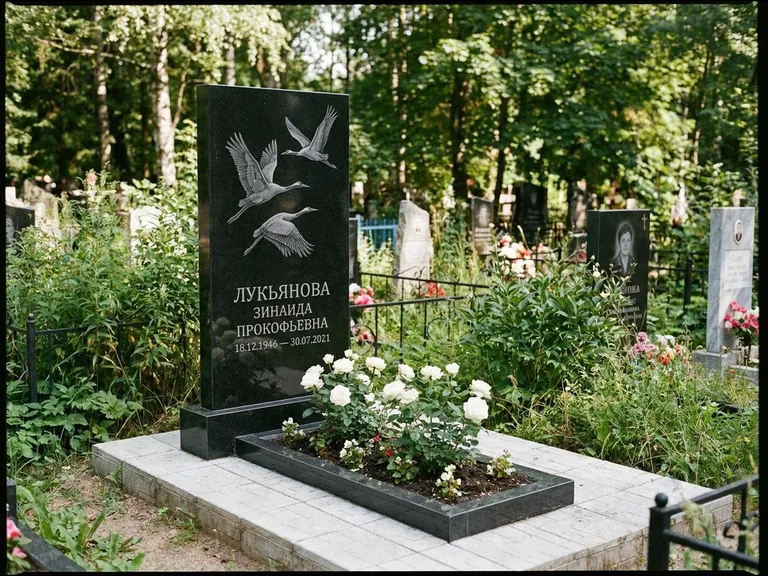 Памятник с гравировкой журавлей — гравировка журавлей, работа «Лукьянова» в Томске