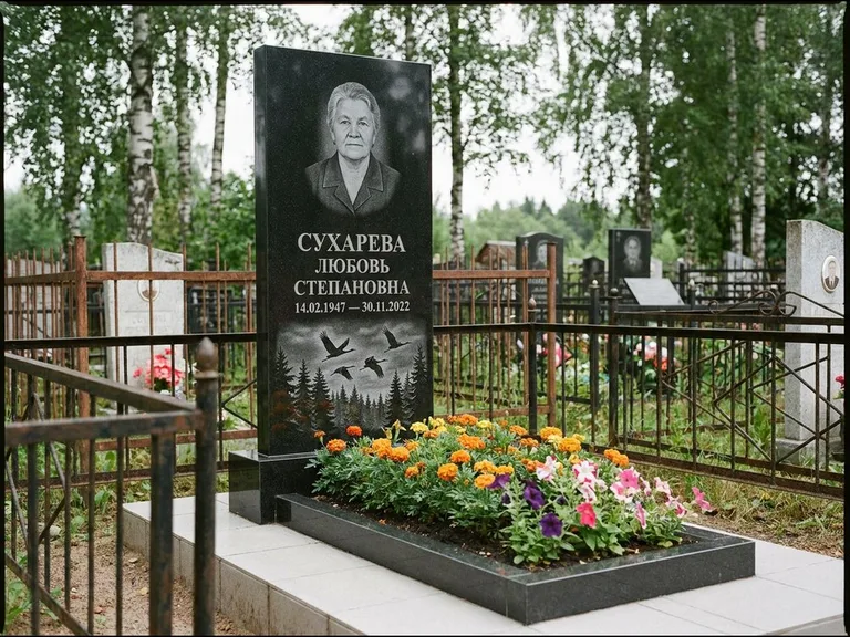 Памятник с гравировкой журавлей — гравировка силуэтов журавлей над еловым лесом, работа «Сухарева» в Томске
