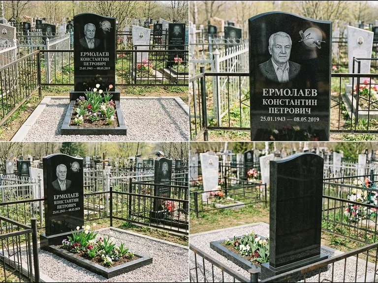 Памятник с гравировкой журавлей — гравировка клина журавлей на фоне солнечного диска, работа «Ермолаев» в Томске