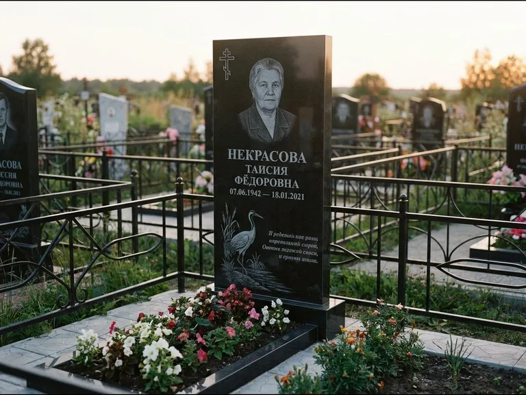 Памятник с гравировкой журавлей — гравировка журавля у камышей рядом с эпитафией, работа «Некрасова» в Томске