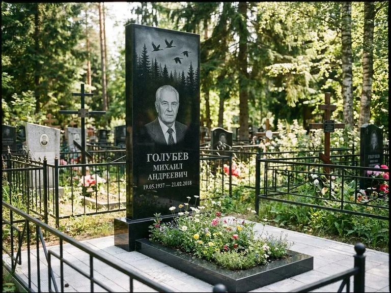 Памятник с гравировкой журавлей — гравировка силуэтов журавлей над еловым лесом, работа «Голубев» в Томске