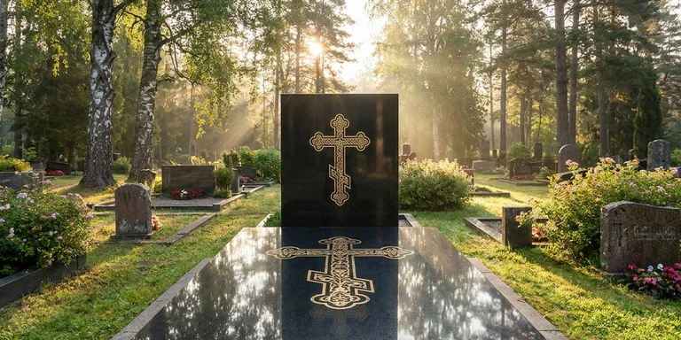 Гравировка креста на памятнике в Томске — православный восьмиконечный крест на граните