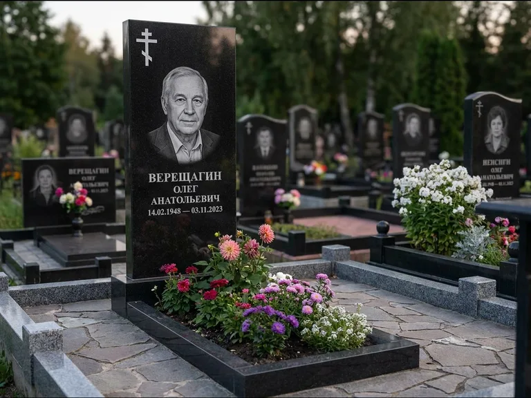 Памятник из чёрного гранита — горизонтальная плита-стела с православным восьмиконечным крестом, работа «Тихонов» в Томске
