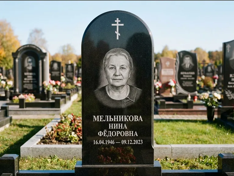 Памятник из чёрного гранита — стела с резным навершием с латинским крестом, работа «Савельева» в Томске