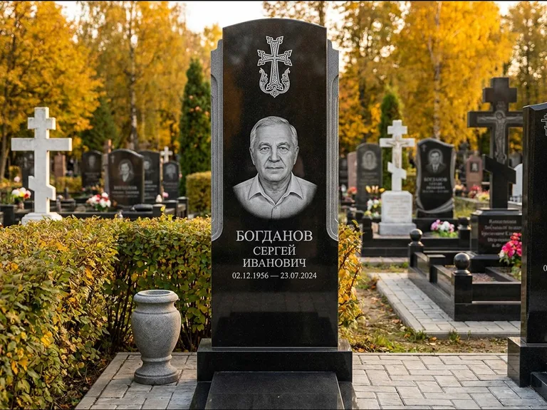 Памятник из чёрного гранита — круглая стела-медальон с армянским хачкаром, работа «Ковалёв» в Томске