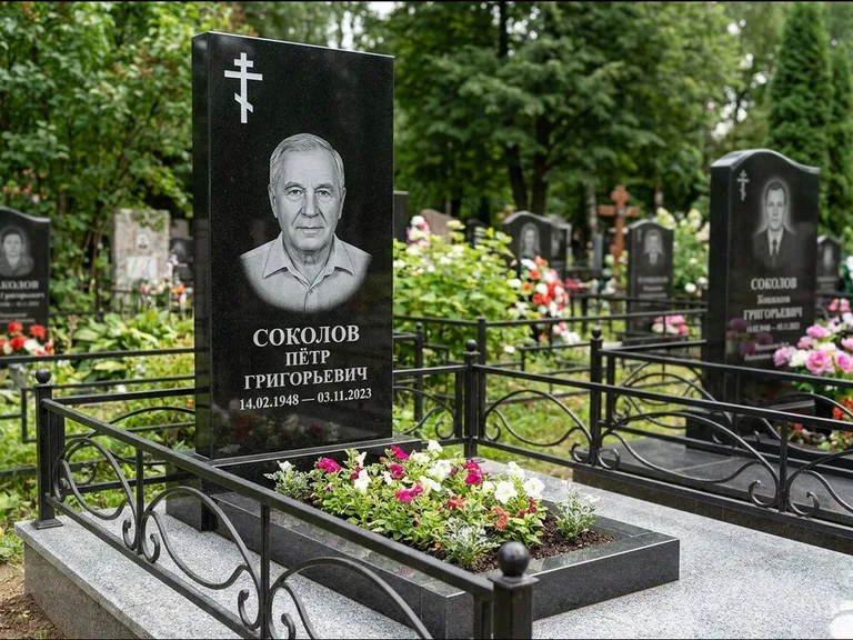 Памятник из чёрного гранита — стела с арочным верхом с православным восьмиконечным крестом, работа «Ковалёв» в Томске