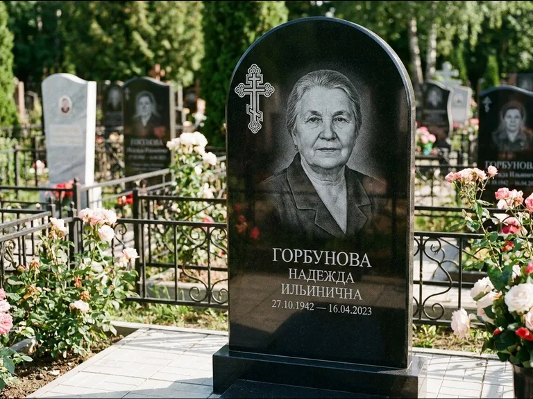 Памятник из чёрного гранита — стела с боковой колонной с крестом в лучах, работа «Мельникова» в Томске