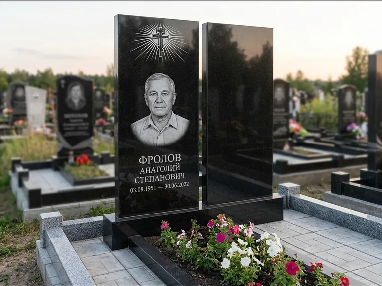Памятник из чёрного гранита — стела на ступенчатом постаменте с золочёным крестом, работа «Богданов» в Томске