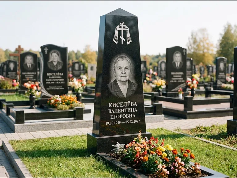 Памятник из чёрного гранита — стела со скошенным верхом с ажурным резным крестом, работа «Селезнёва» в Томске