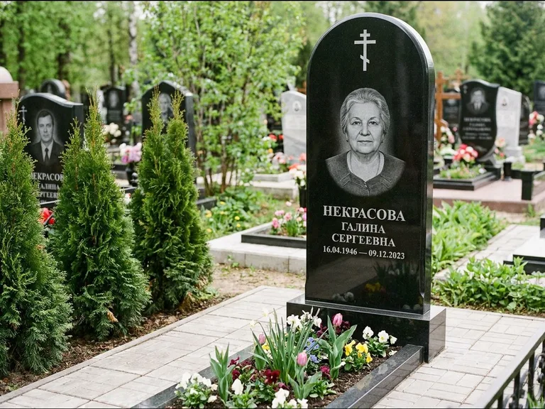 Памятник из чёрного гранита — стела с цветником-плитой с латинским крестом, работа «Лаврентьева» в Томске
