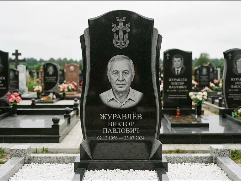 Памятник из чёрного гранита — панорамная стела с армянским хачкаром, работа «Тихонов» в Томске