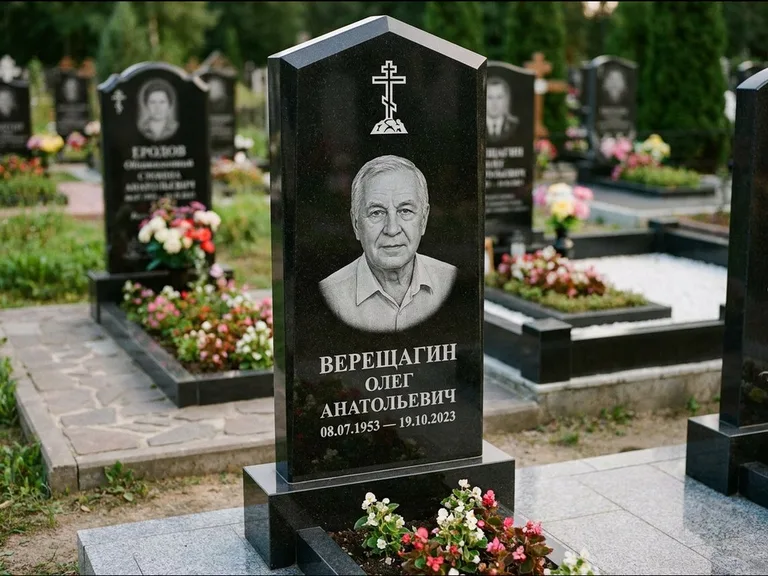 Памятник из чёрного гранита — обелиск-колонна с крестом на Голгофе, работа «Ковалёв» в Томске