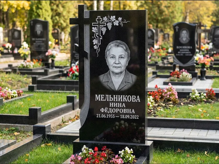Памятник из чёрного гранита — стела с резной рамкой с крестом с распятием, работа «Некрасова» в Томске