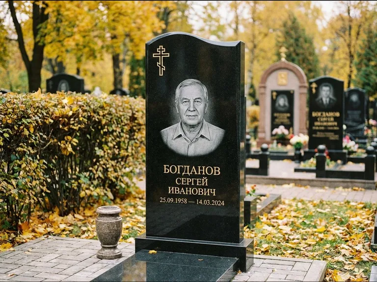Памятник из чёрного гранита — стела с цветником с процветшим крестом с виноградной лозой, работа «Журавлёв» в Томске