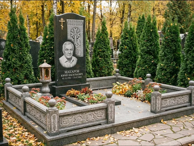 Памятник из чёрного гранита — стела с крестом и лампадой с армянским хачкаром, работа «Гущин» в Томске