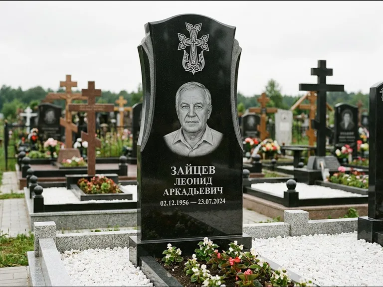 Памятник из чёрного гранита — семейная стела на двоих с армянским хачкаром, работа «Журавлёв» в Томске
