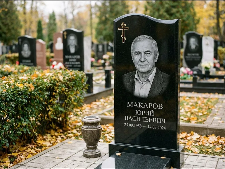 Памятник из чёрного гранита — фигурная стела с киот-нишей с процветшим крестом с виноградной лозой, работа «Богданов» в Томске