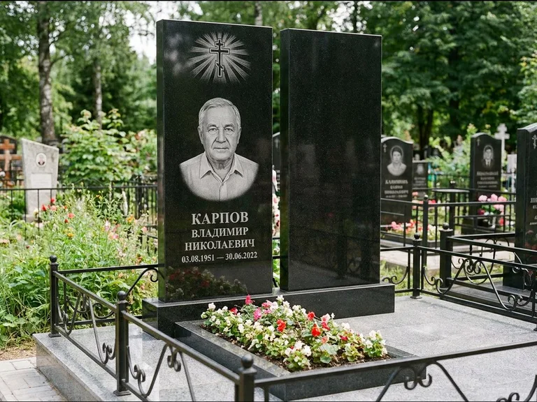 Памятник из чёрного гранита — ступенчатая стела с золочёным крестом, работа «Панкратов» в Томске